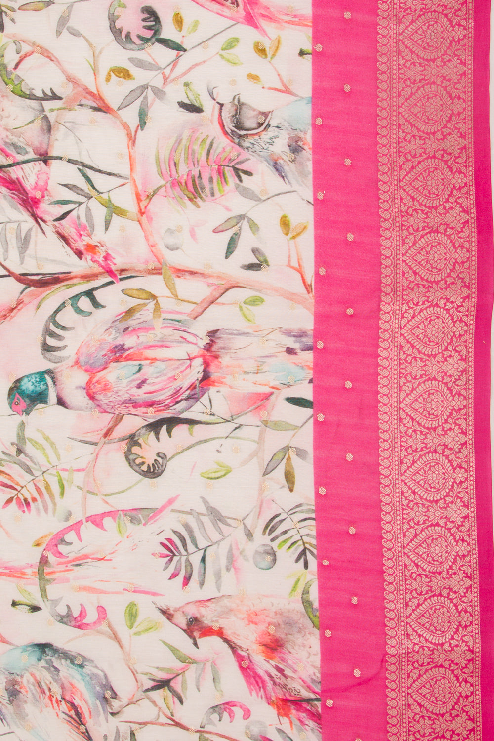 Chanderi Silk Floral Printed And Butta White Saree