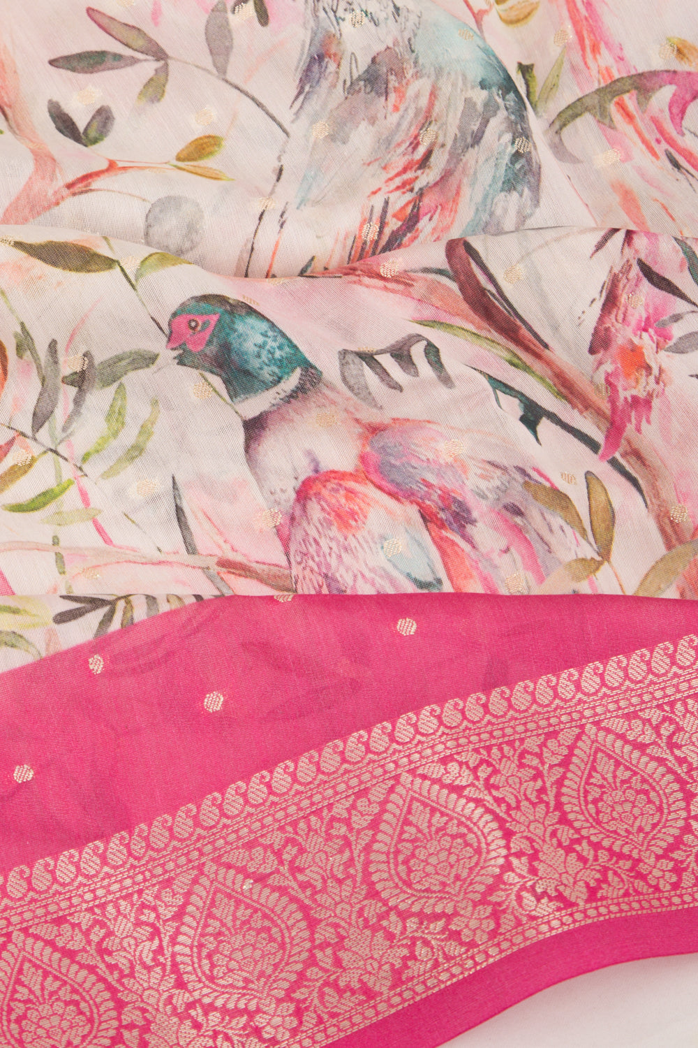 Chanderi Silk Floral Printed And Butta White Saree