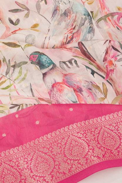 Chanderi Silk Floral Printed And Butta White Saree