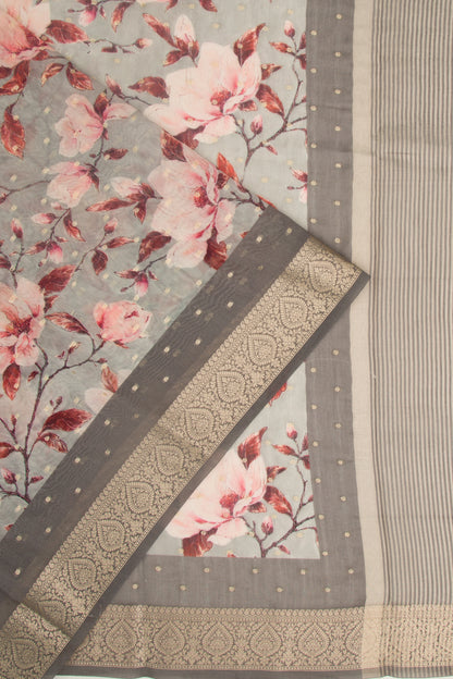 Chanderi Silk Floral Printed And Butta Grey Saree