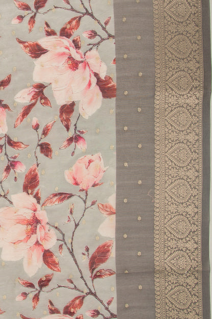 Chanderi Silk Floral Printed And Butta Grey Saree