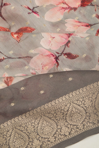 Chanderi Silk Floral Printed And Butta Grey Saree