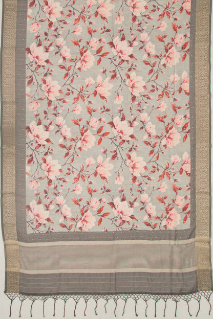 Chanderi Silk Floral Printed And Butta Grey Saree