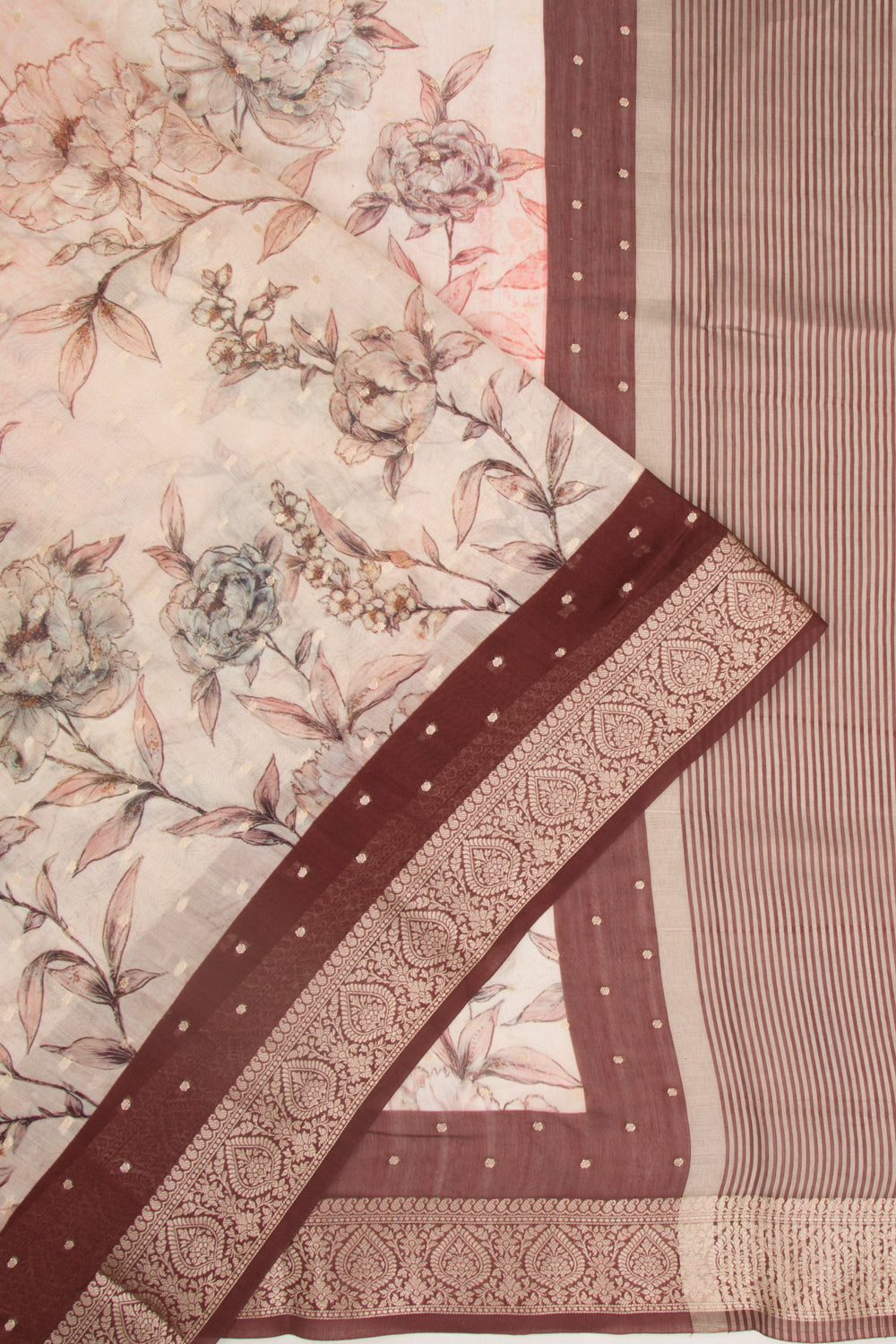 Chanderi Silk Floral Printed And Butta White Saree