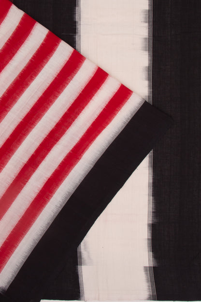 Pochampally Cotton Ikat Horizontal Lines White and Red Saree