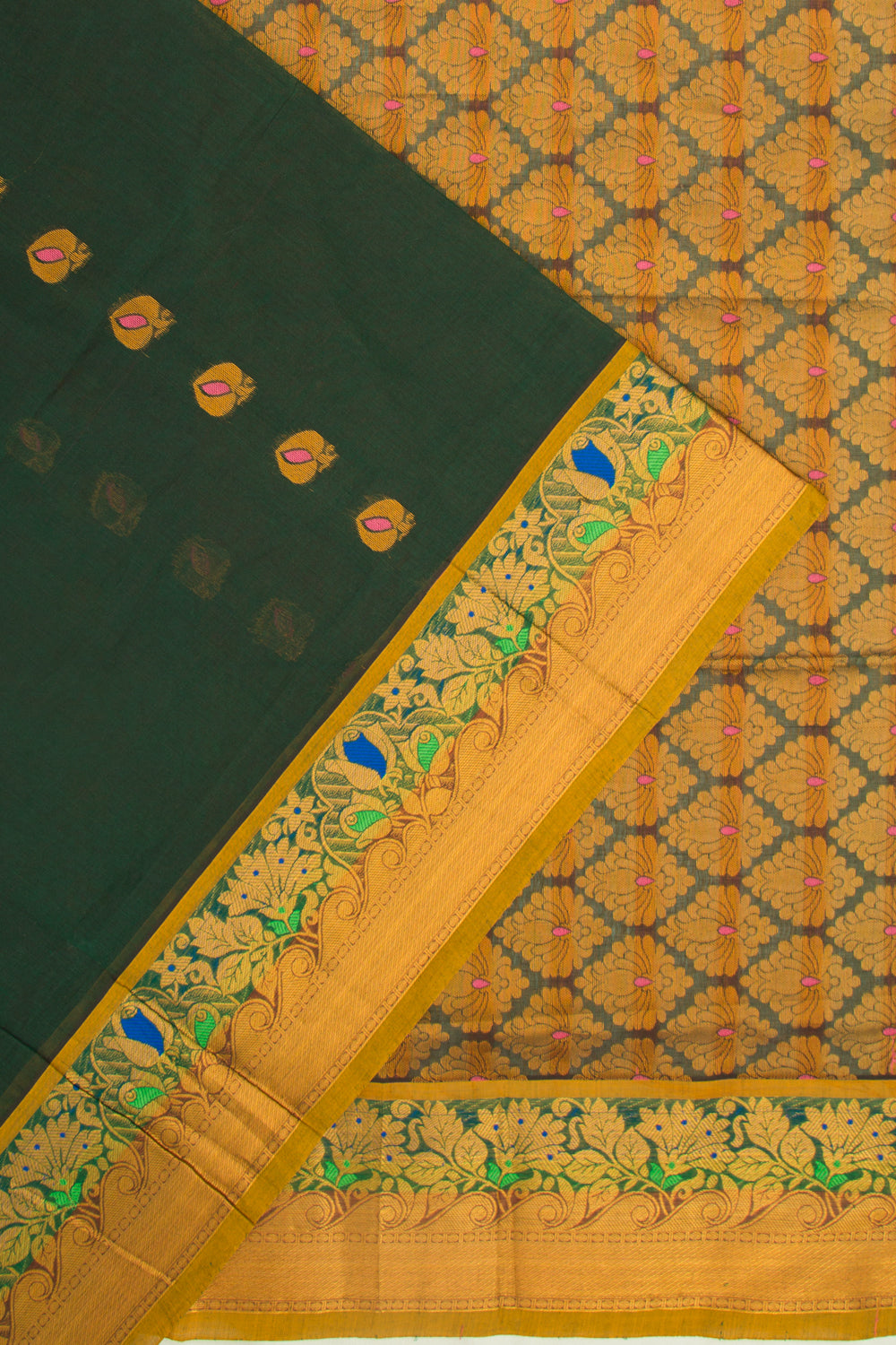 Mangalgiri Cotton Butta Bottle Green Saree