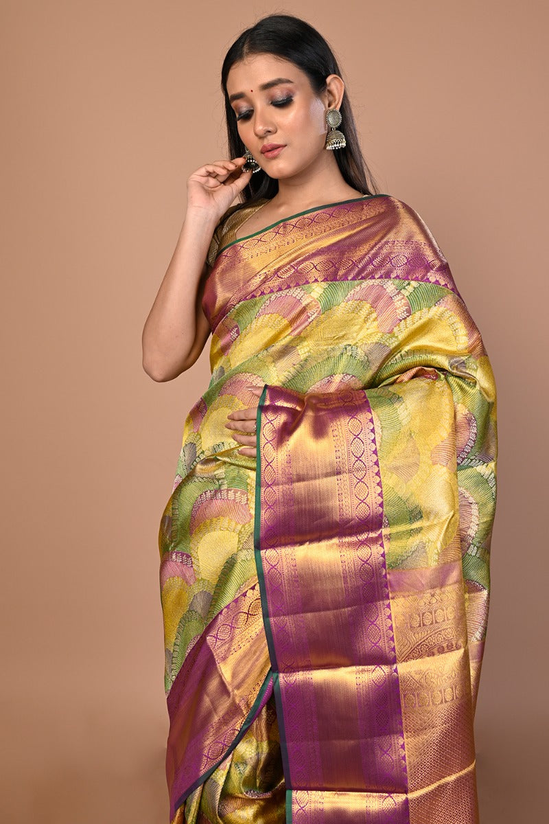 Kanchipuram Silk Tissue Brocade Multicolour Saree