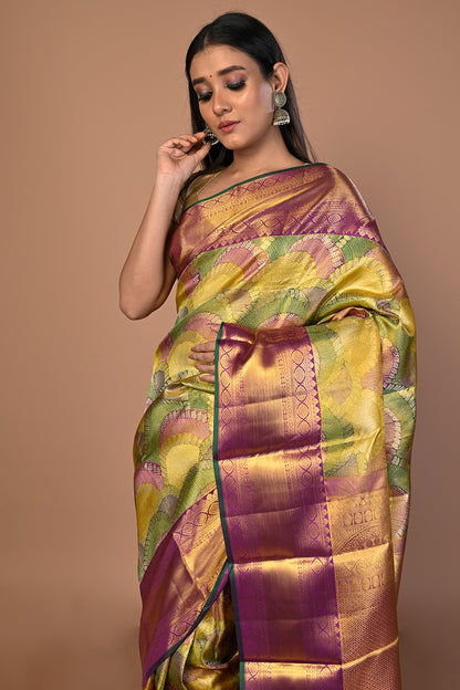Kanchipuram Silk Tissue Brocade Multicolour Saree