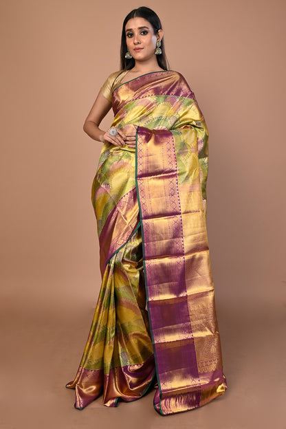 Kanchipuram Silk Tissue Brocade Multicolour Saree