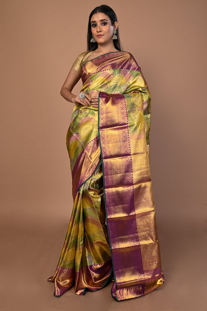 Kanchipuram Silk Tissue Brocade Multicolour Saree