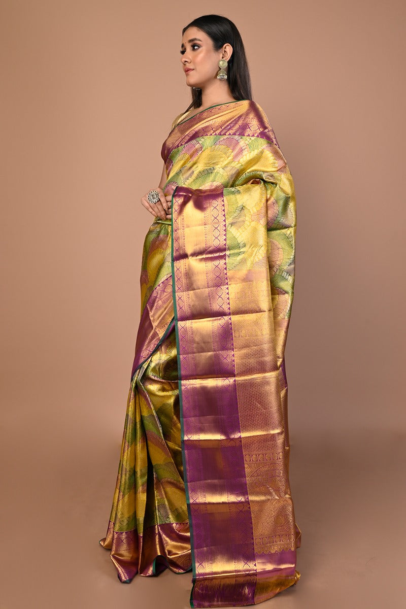 Kanchipuram Silk Tissue Brocade Multicolour Saree