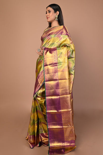 Kanchipuram Silk Tissue Brocade Multicolour Saree