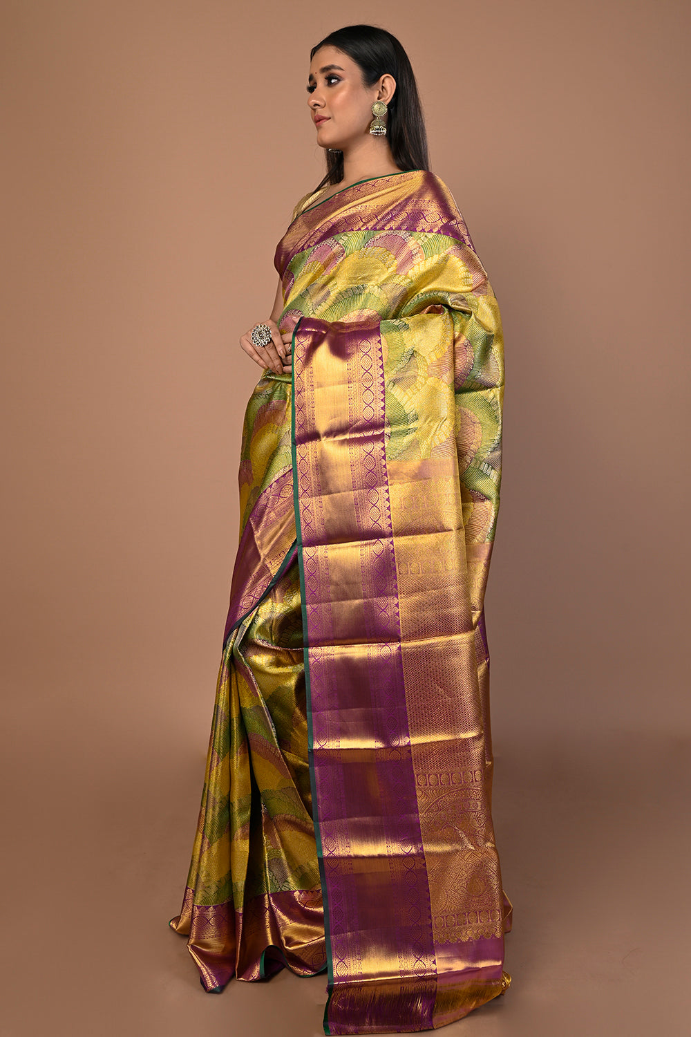 Kanchipuram Silk Tissue Brocade Multicolour Saree