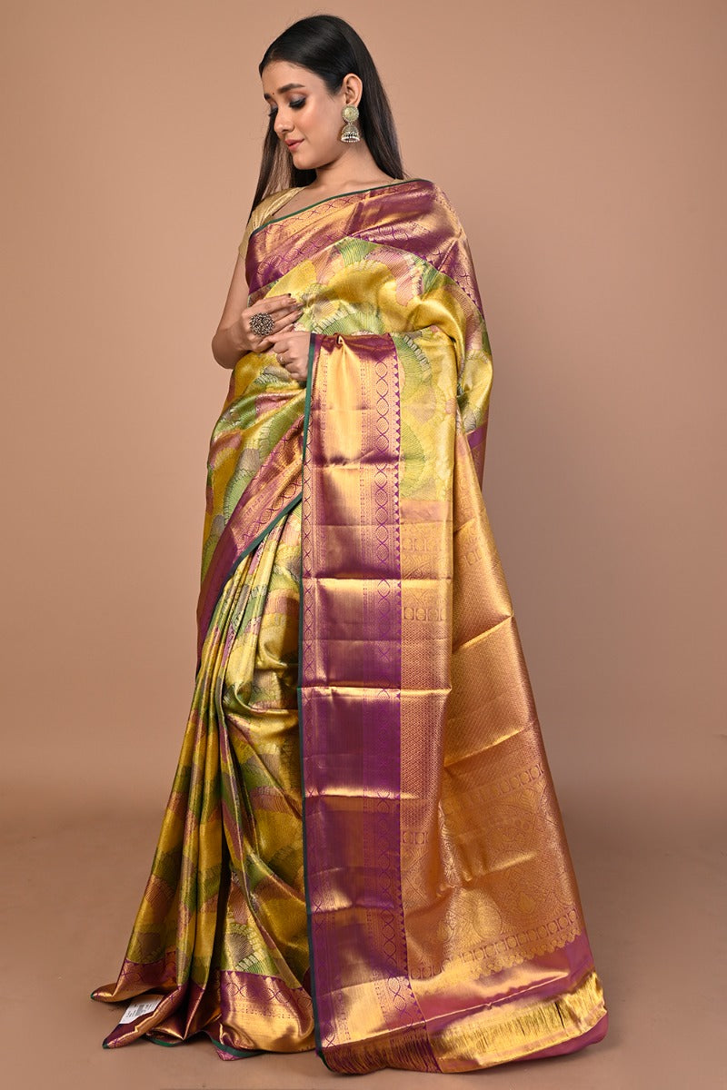 Kanchipuram Silk Tissue Brocade Multicolour Saree