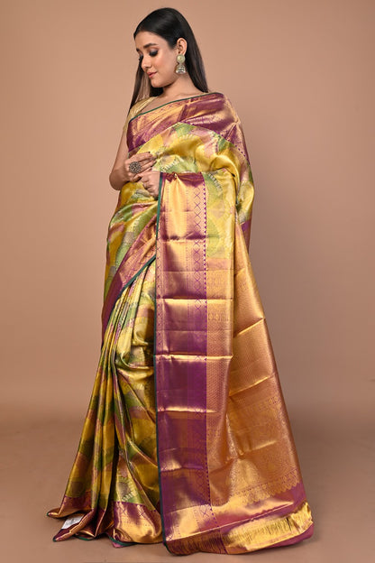 Kanchipuram Silk Tissue Brocade Multicolour Saree