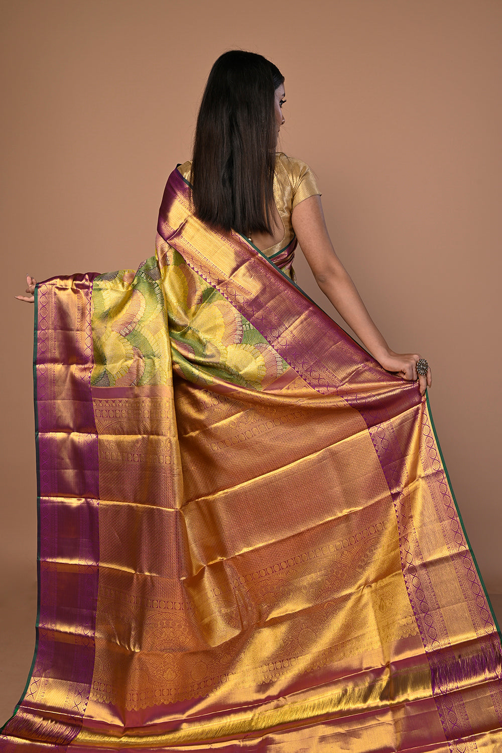 Kanchipuram Silk Tissue Brocade Multicolour Saree