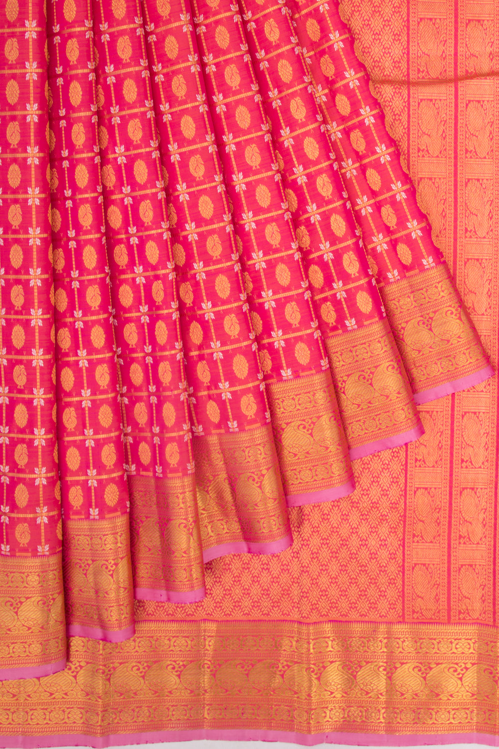 Kanchipuram Silk Checks And Butta Dual Tone Pink And Orange Saree