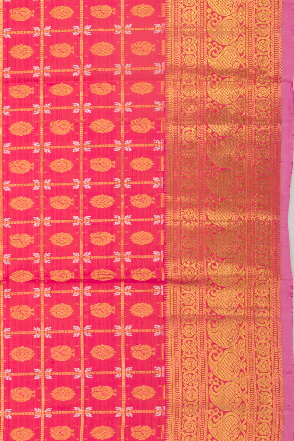 Kanchipuram Silk Checks And Butta Dual Tone Pink And Orange Saree