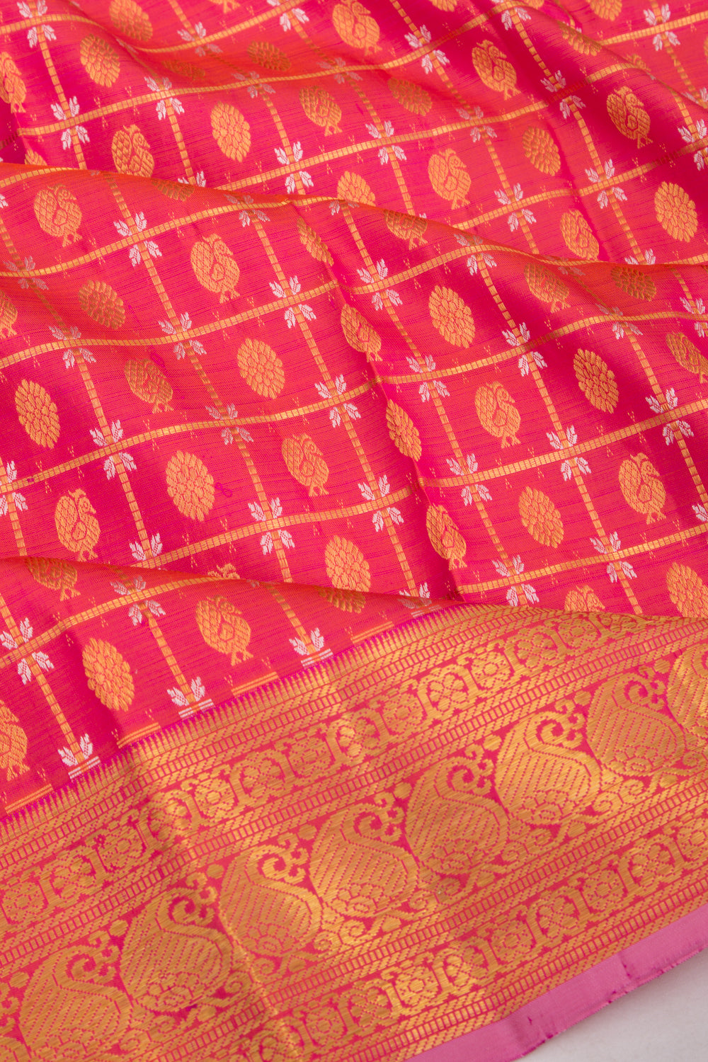 Kanchipuram Silk Checks And Butta Dual Tone Pink And Orange Saree