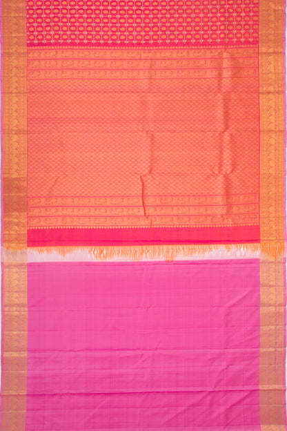 Kanchipuram Silk Checks And Butta Dual Tone Pink And Orange Saree