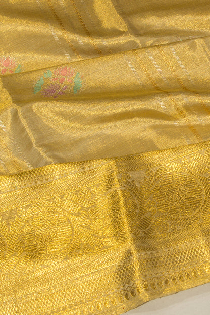 Kanchipuram Silk Tissue Vertical Lines And Butta Gold Saree