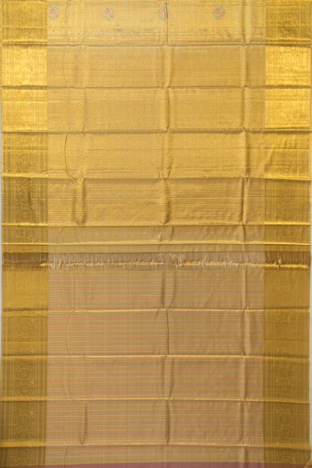Kanchipuram Silk Tissue Vertical Lines And Butta Gold Saree