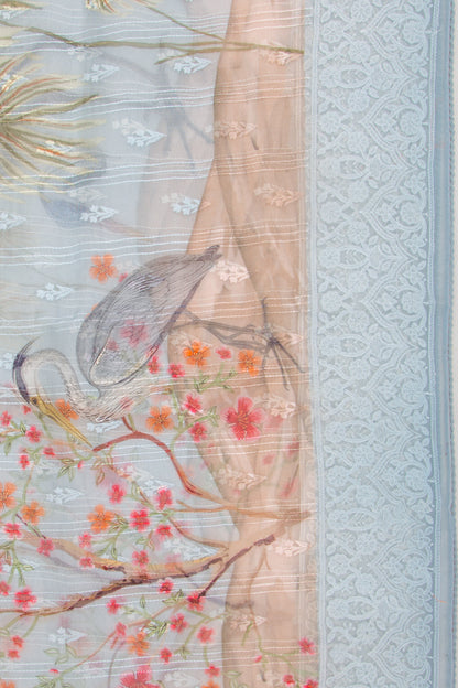 Organza Floral Printed And Embroidery Blue Saree