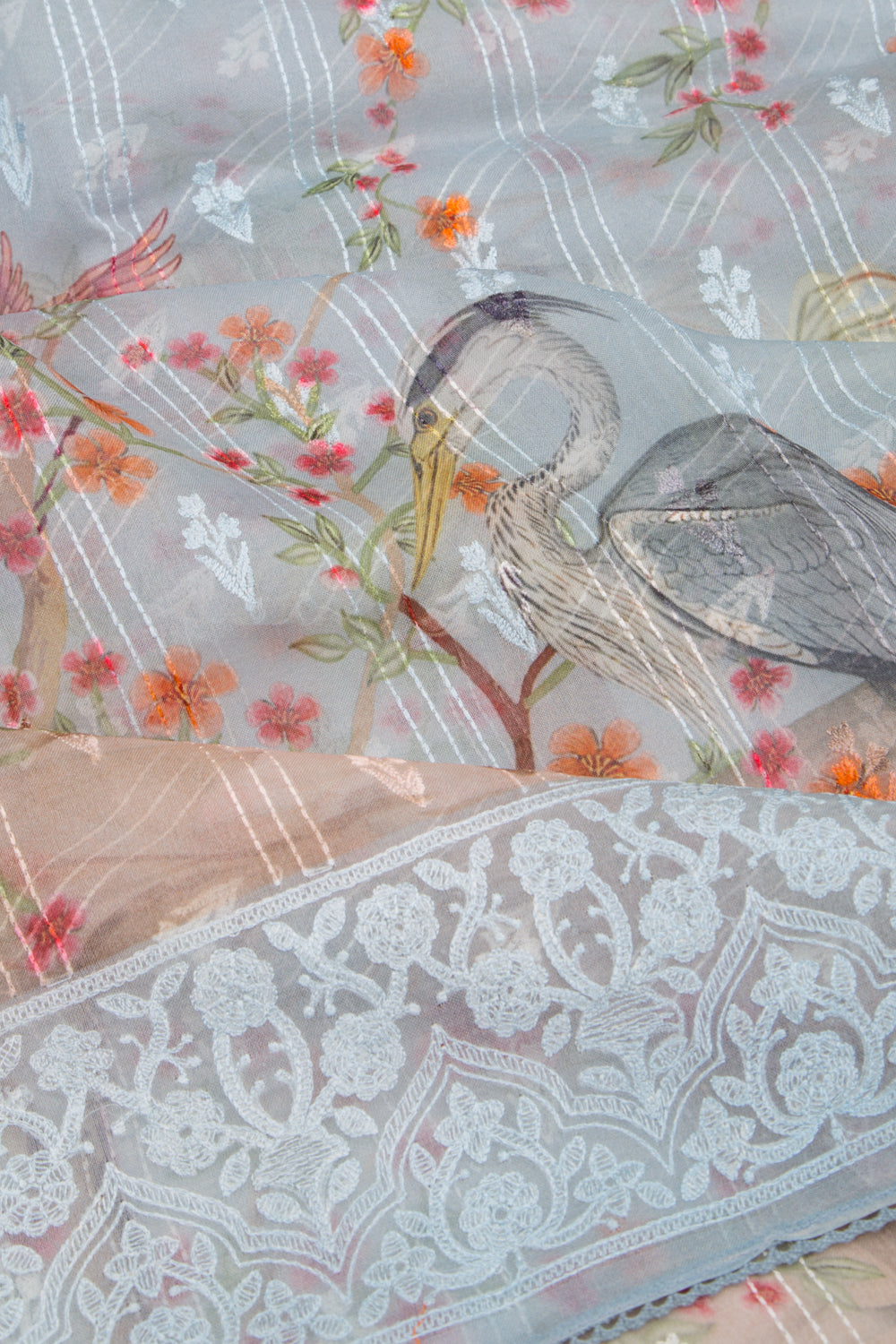 Organza Floral Printed And Embroidery Blue Saree