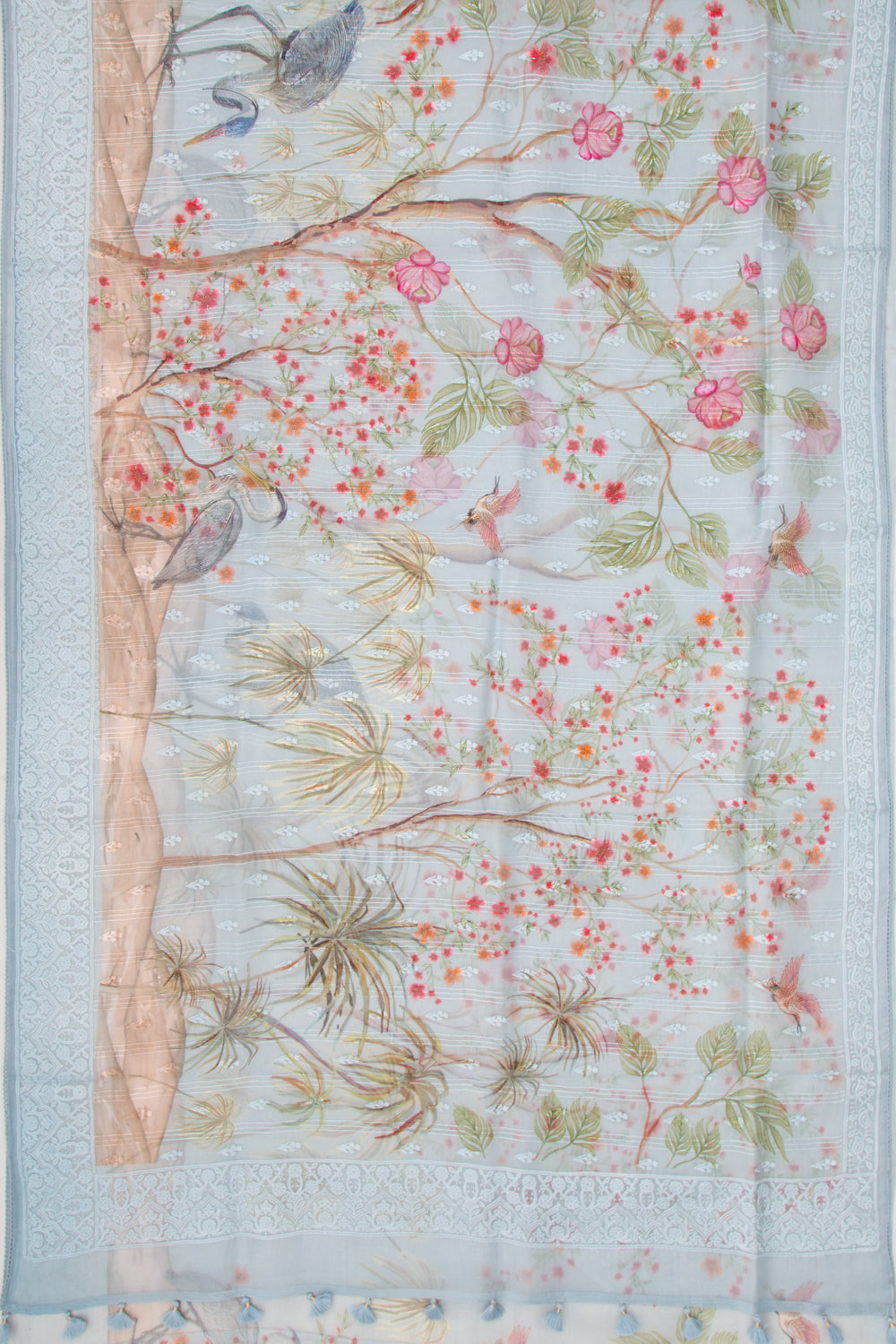 Organza Floral Printed And Embroidery Blue Saree