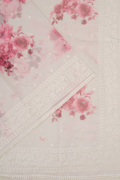 Organza Floral Printed And Embroidery Butta White Saree