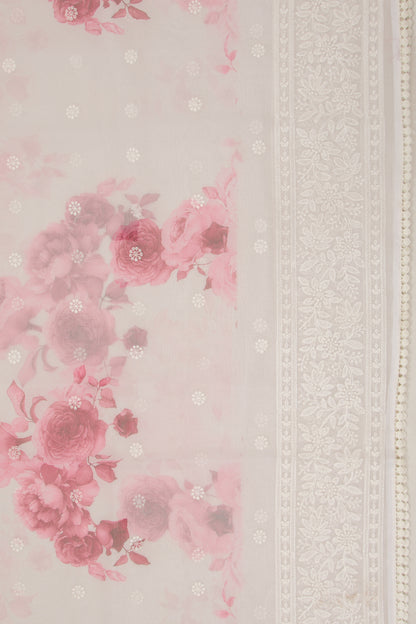 Organza Floral Printed And Embroidery Butta White Saree