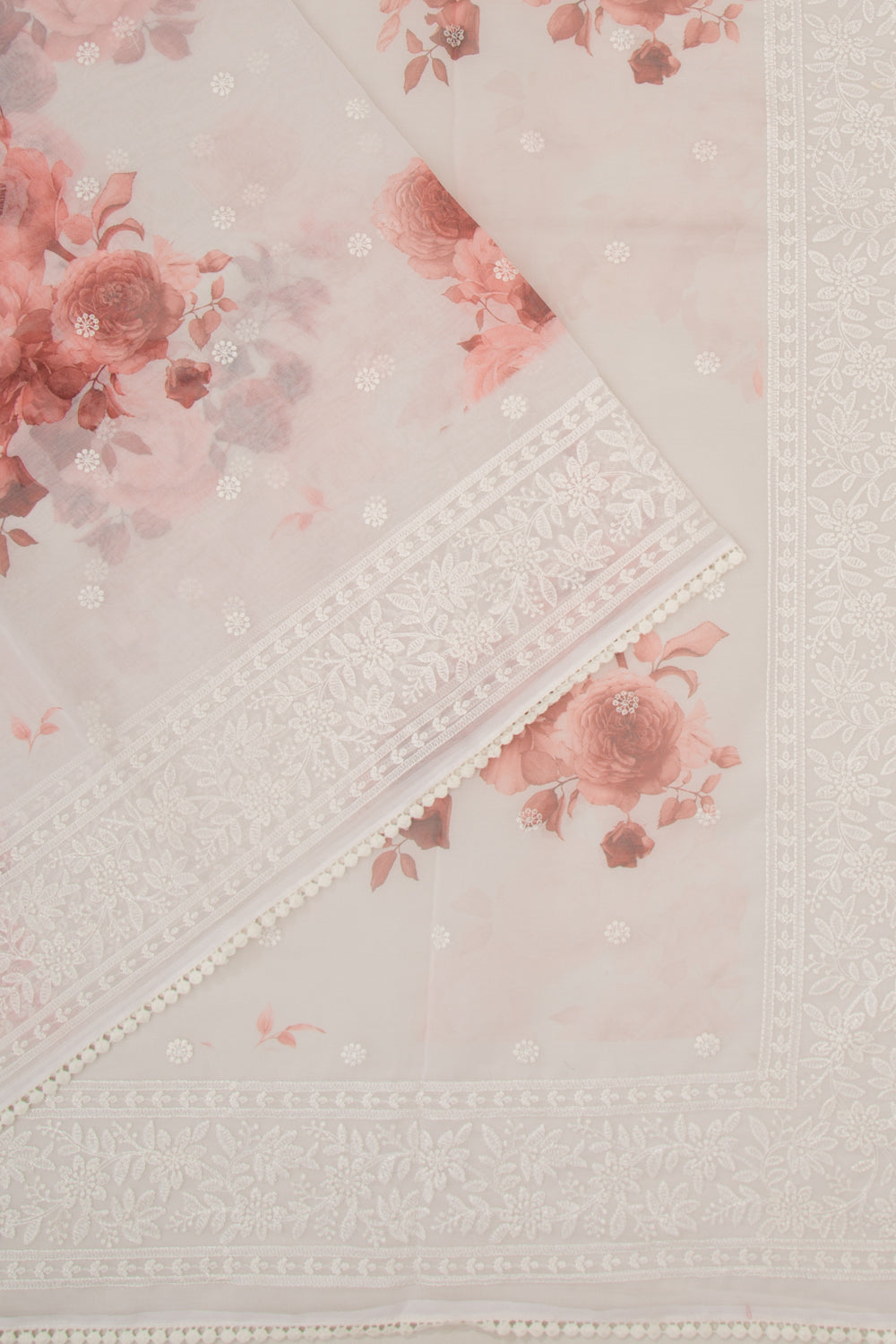 Organza Floral Printed And Embroidery Butta White Saree