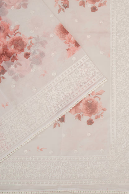 Organza Floral Printed And Embroidery Butta White Saree