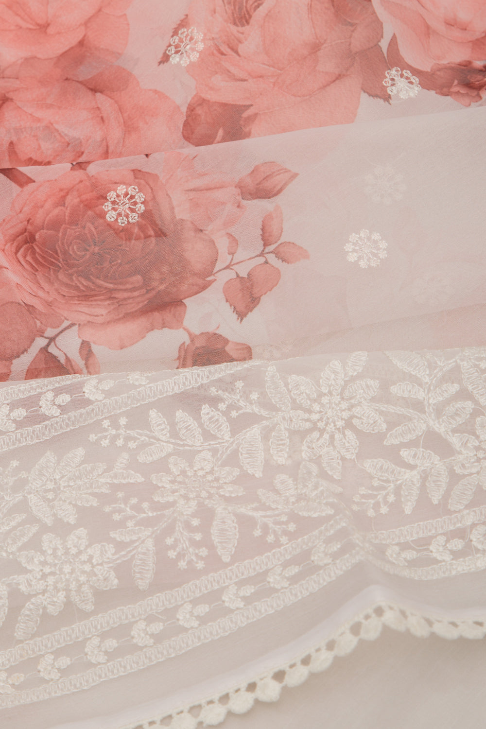 Organza Floral Printed And Embroidery Butta White Saree