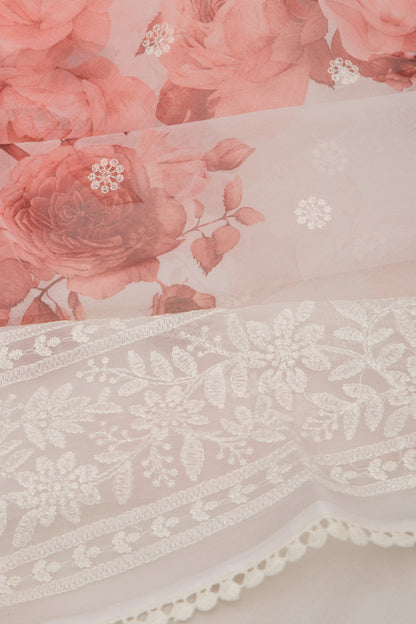 Organza Floral Printed And Embroidery Butta White Saree
