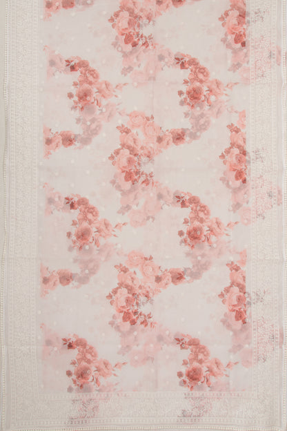 Organza Floral Printed And Embroidery Butta White Saree