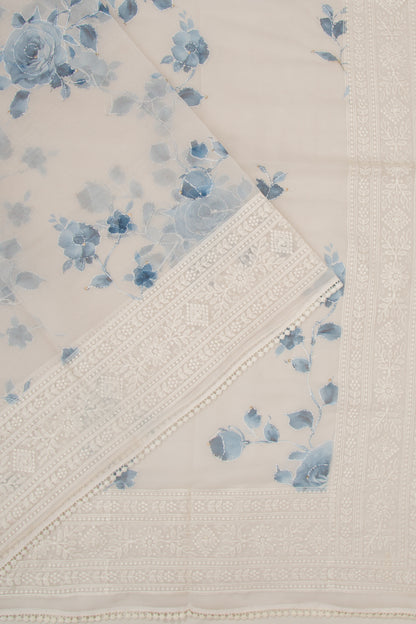 Organza Floral Printed White Saree