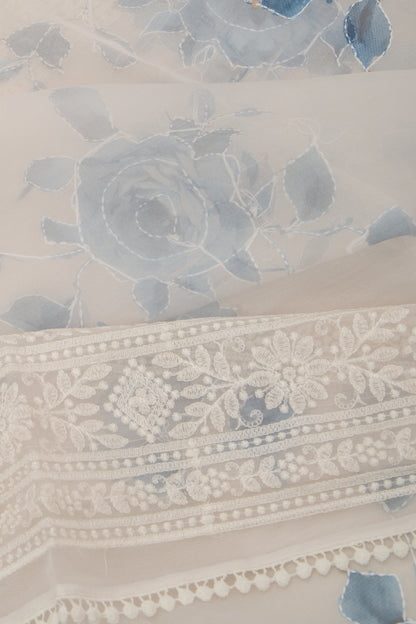 Organza Floral Printed White Saree