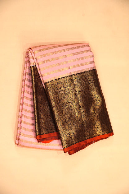 Kanchipuram Silk Horizontal Lines Peach Saree