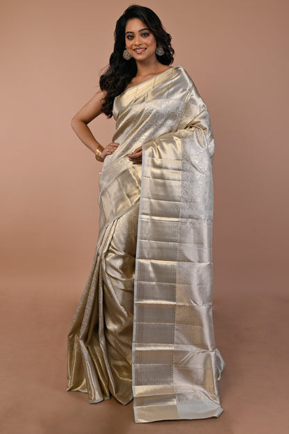 Kanchipuram Silk Jaal Pastel Grey Saree