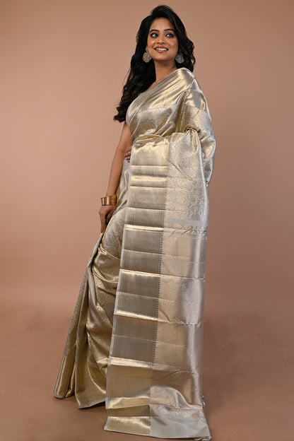 Kanchipuram Silk Jaal Pastel Grey Saree