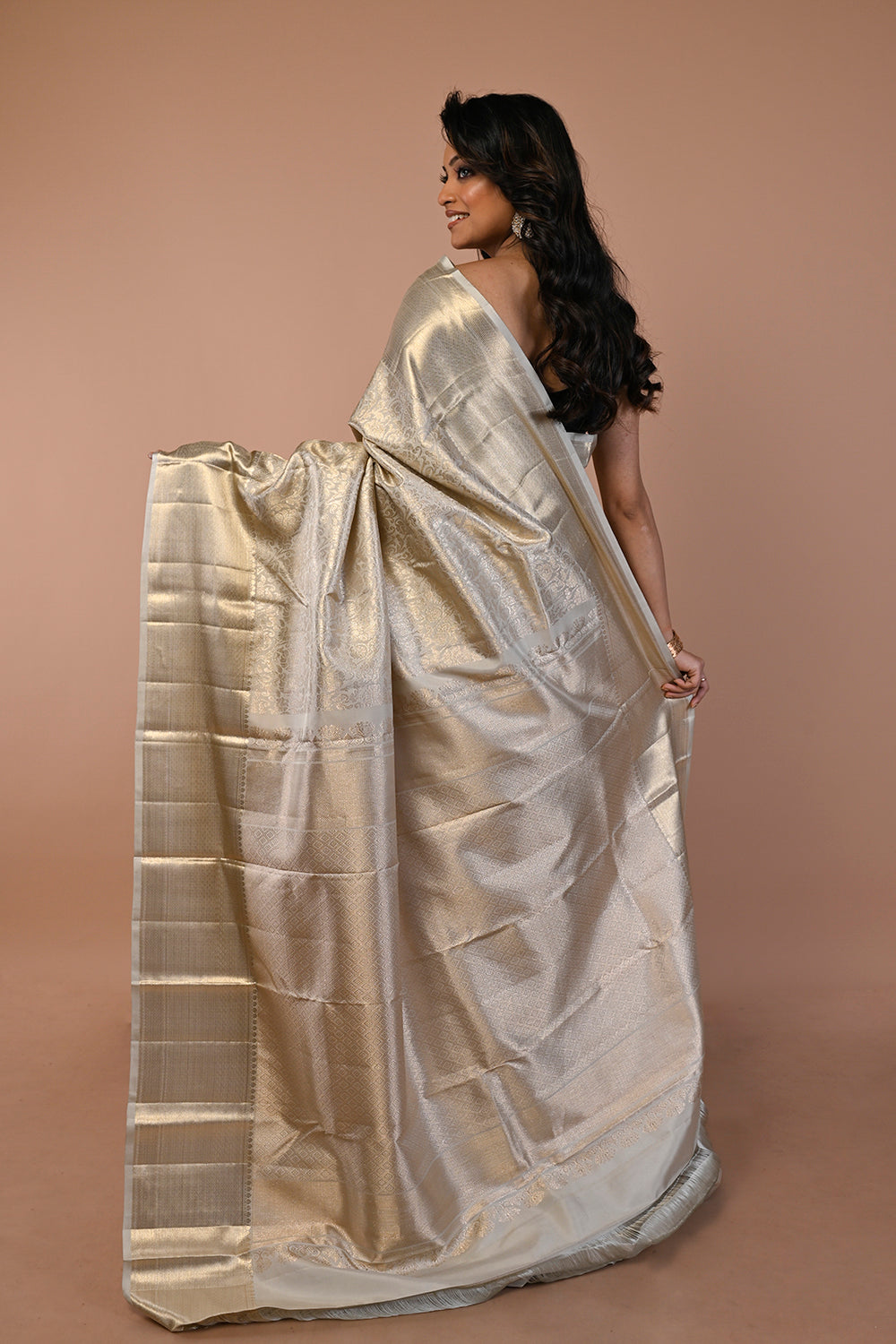 Kanchipuram Silk Jaal Pastel Grey Saree