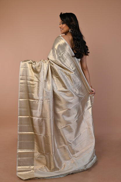 Kanchipuram Silk Jaal Pastel Grey Saree