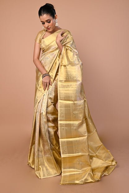 Kanchipuram Silk Tissue Brocade Gold Saree