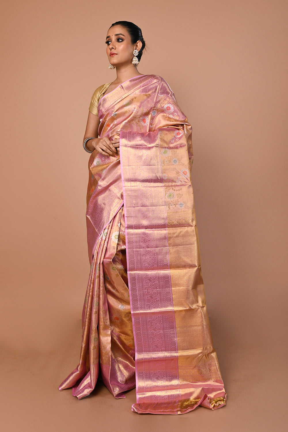 Kanchipuram Silk Tissue Jaal Baby Pink Saree