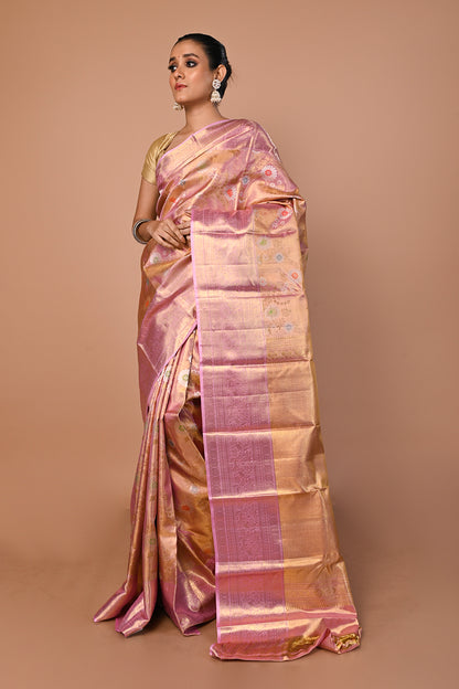 Kanchipuram Silk Tissue Jaal Baby Pink Saree