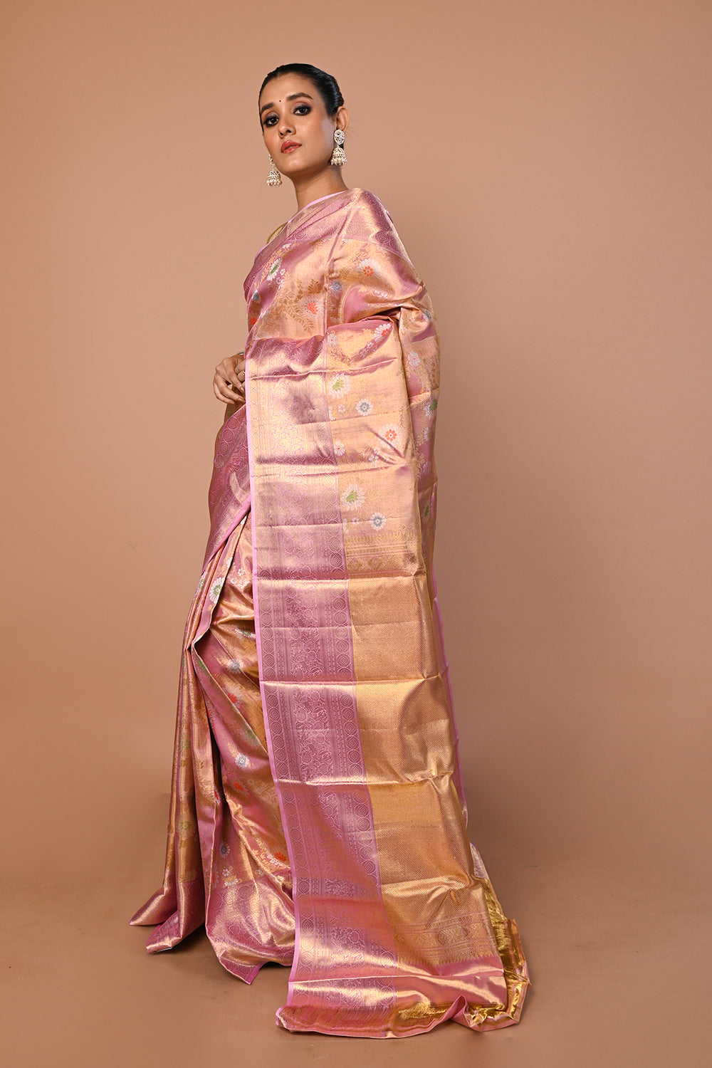Kanchipuram Silk Tissue Jaal Baby Pink Saree