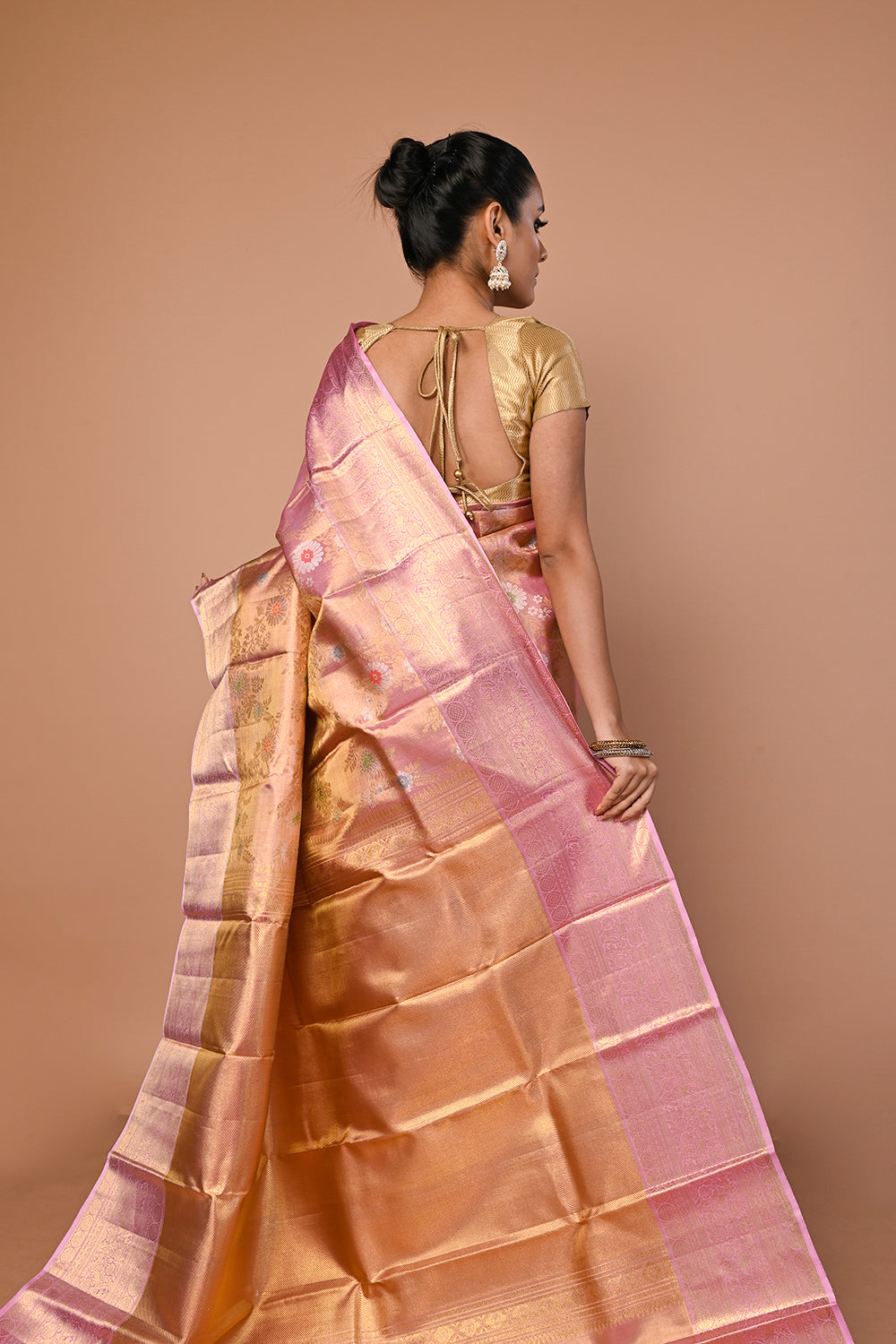 Kanchipuram Silk Tissue Jaal Baby Pink Saree