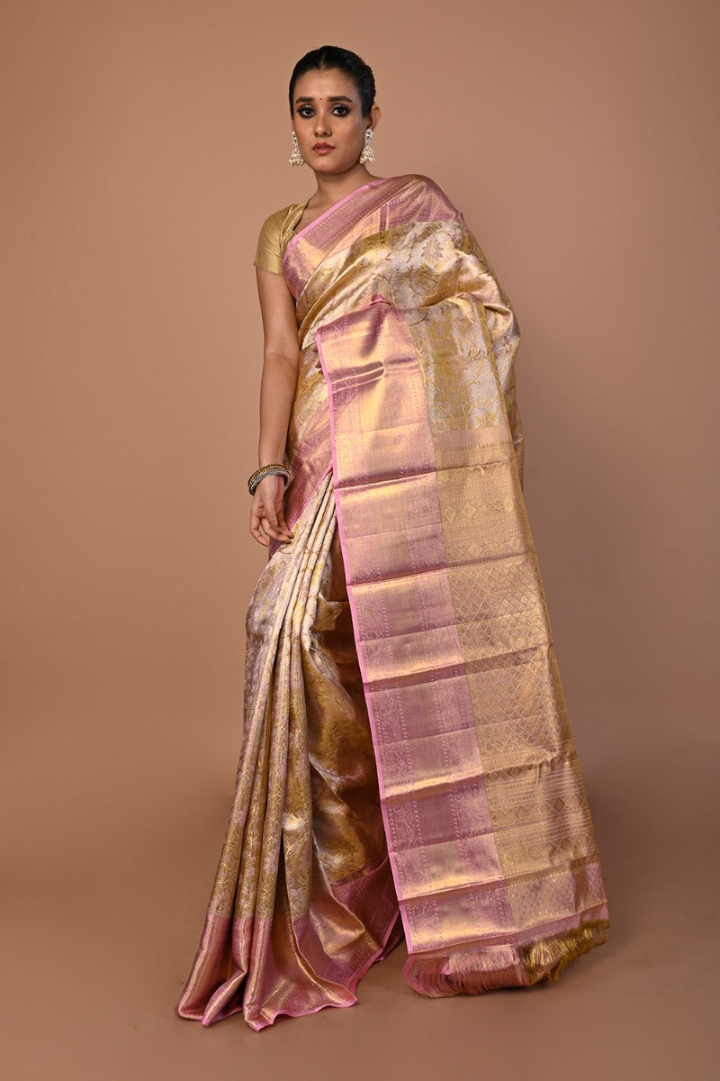Kanchipuram Silk Tissue Brocade Gold Saree