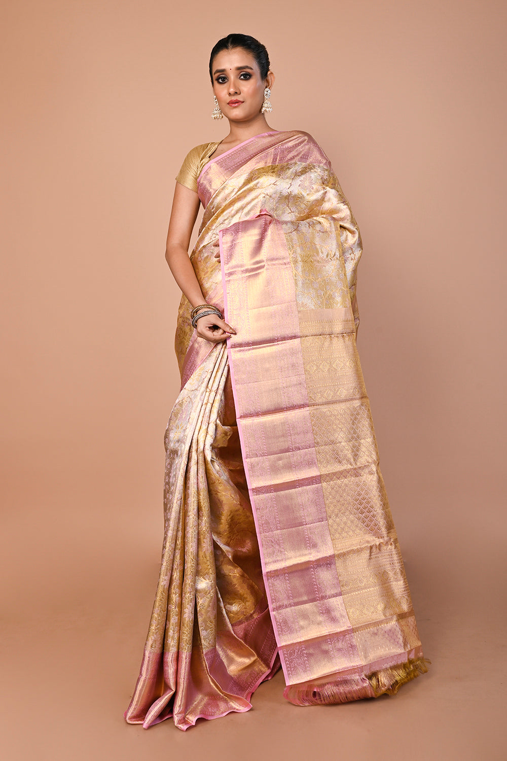 Kanchipuram Silk Tissue Brocade Gold Saree